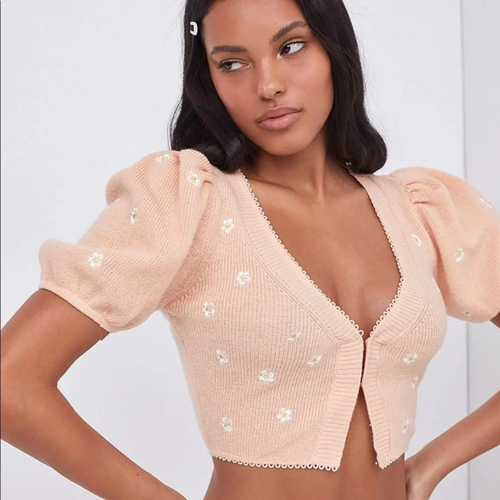 FOR LOVE & LEMONS Embroidered Buds Cardigan XXS - Picture 2 of 4